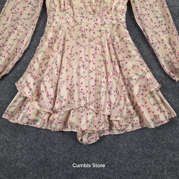 Floral Ruffle Tiered Mini Dress Womens Medium Cream Long Sleeve V Neck Wrap Boho - Picture 6 of 16